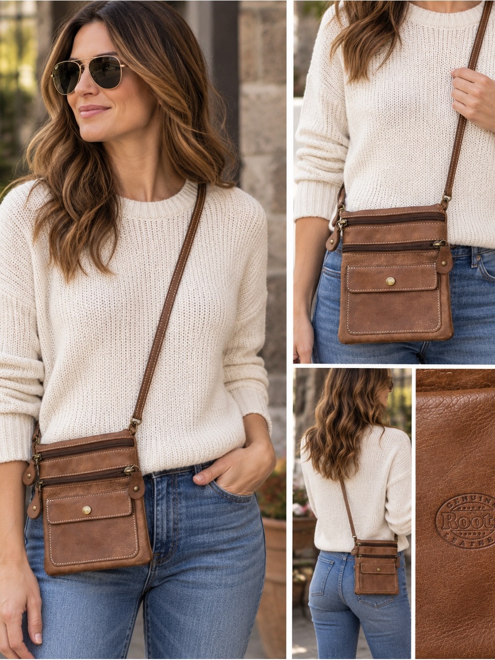 Roots Brown Leather Belt Bag with Front Snap Pocket